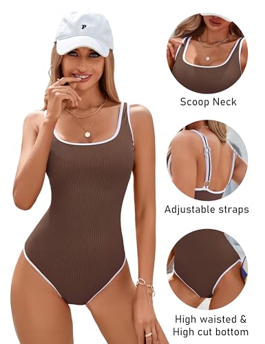 Image of BMJL Women's One Piece Swimsuit Sports Adjustable Strap Bathing Suit Color Block Ribbed High Cut Swimsuits