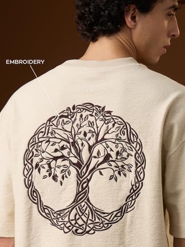 Image of The Souled Store Nomad: Celtic Men and Boys Short Sleeves Round Neck Off-White Embroidered Celtic Tree Graphic Casual Drop Shoulder Streetwear Trendy Super Oversized T-Shirt