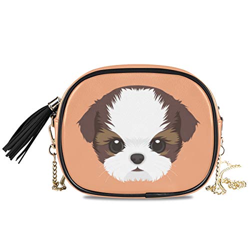 Vikko Shih-Tzu Puppy Dog Face Small Crossbody Bag Handbag Purse PU Leather Women Shoulder Chain Bag With Metal Chain Strap And Tassel Top Zipper