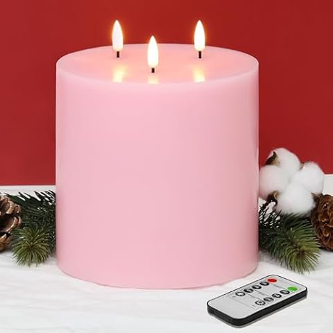 Eywamage 3 Wick Pink Flameless Pillar Candle with Remote, Large Flickering LED Wax Battery Candle Φ 6" H 6" Cover