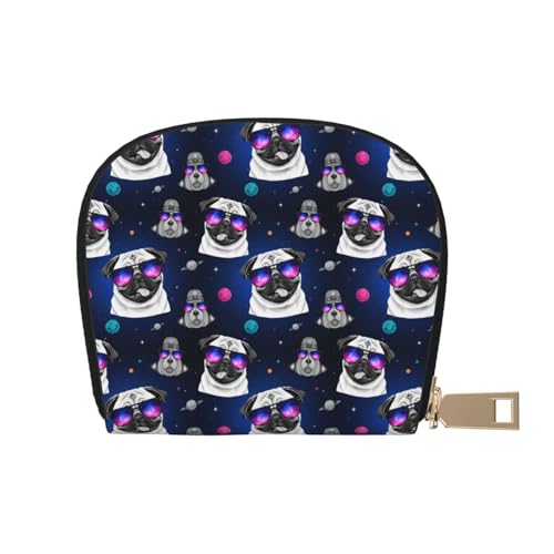 Galaxy Pug With Cool Glass Leather Credit Card Holder Zipper Wallet With 12 Card Slots Small Leather Zipper Card Case Wallet