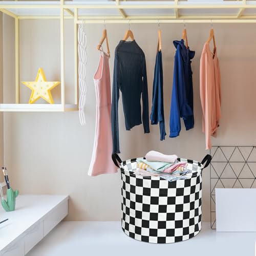 Image of 3 Pack Checkered Storage Baskets with Leather Handles, Foldable Fabric Toy Storage Bins with Waterproof Lining, Large Round Laundry Hamper for Kids Room, Nursery, Bedroom, Playroom Organization