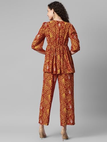 Image of DEEBACO Women's Paisley Print Rayon Top & Pants Co Ord Set For Women V Neck 3 /4 Puff Sleeve Ladies Party Casual Wear Fashionable For Girls Loose Fit Cord Set (DBCOMR00000988 XXL Multicolor)