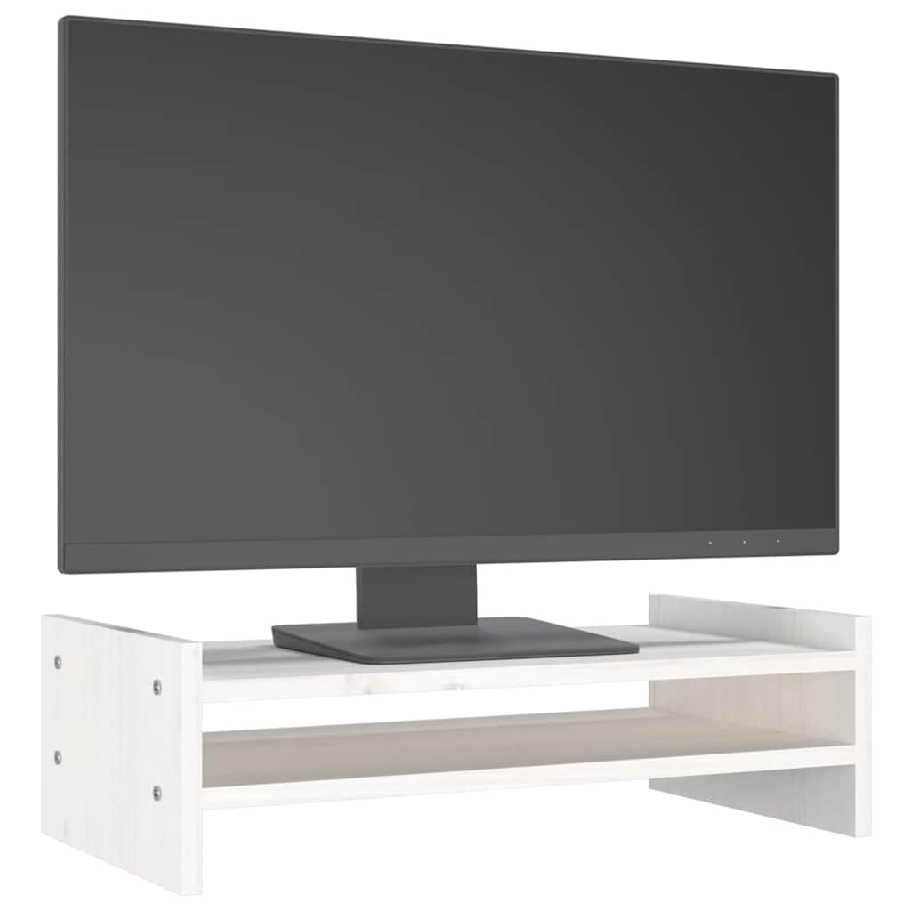 Supporto per monitor bianco in legno di pino massiccio, 50 x 27 x 15 cm, rialzo ergonomico per PC, laptop, tablet, organizer da scrivania salvaspazio per ufficio e home office