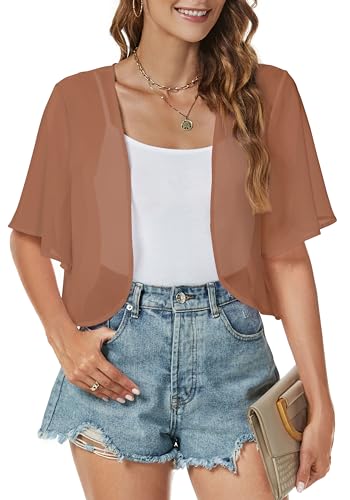 Gosunny Bolero festivo para mujer, de verano, elegante, de gasa, manga corta, informal, cárdigan, 02 marrón., S