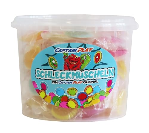CAPTAIN PLAY 100 Schleckmuscheln einzeln verpackt Party Bucket mit Schleckmuscheln Süßigkeiten 1kg