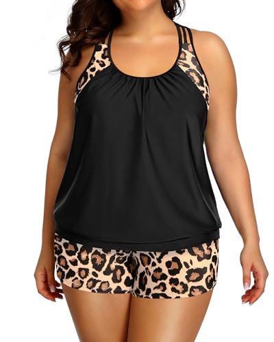 Image of Holipick Plus Size Tankini Swimsuit for Women Two Piece Tummy Control Bathing Suit Blouson Racerback Tankini Top with Shorts