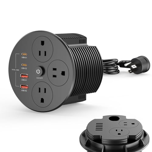 Desktop Power Grommet with 100W USB C Double-Side Recessed Charging Station Plug in 5AC Outlets & 4 USB Ports 4-Inch Hole Furniture Flush Mount for Countertop Black