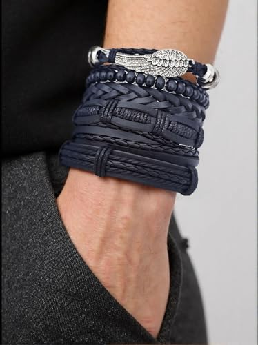 8Pcs Punk Leather Bracelet Set for Men & Women, 6Pcs Braided PU Cuffs, Necklace & Keychain, Adjustable, Stackable2