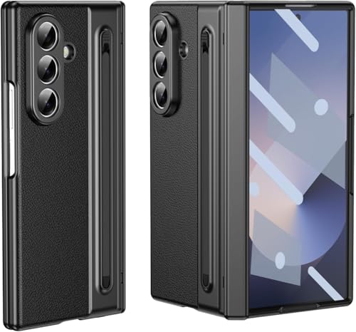 Image of amazon basics Luxury Vegan Leather Case for Samsung Galaxy Z Fold 6 - Ultra Slim Protective Cover with Integrated S Pen Holder & Raised Camera Guards - Midnight Black