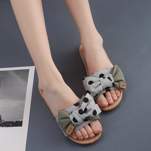 Linen Sandals for Women Cute Polka Dot Bowknot House Shoes Four Seasons Open Toe Non-slip Indoor Outdoor Slippers 20252