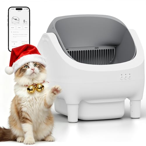 Greesum Open-Top Automatic Cat Litter Box - Self-Cleaning Function, Smart APP Operation, Effortless Odor Reduction, 15L Spacious Waste Bin, Comes with Trash Bags & Mat(Grey)
