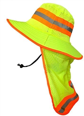 Men High Visibility Reflective Sun Hat with Neck Flap Wide Brim Boonie Hat Bucket Cap