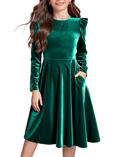Seiciviy Girls Christmas Dress Velvet Fall Winter Party Dresses Ruffled Long Sleeve Casual with Pockets Princess Outfits A-Green