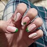 24Pcs St. Patrick's Press on Nails Short Almond French Tip Nails Press ons with Shamrock Design False Nails Nude Acrylic Fake Nails St. Patricks Day Glue on Nails for Girls