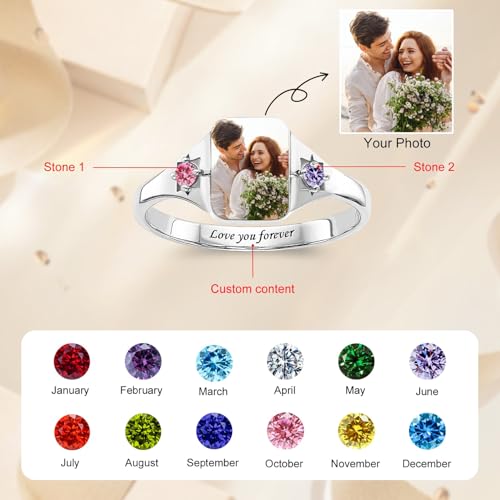 Custom Photo Ring Couple Picture Ring with Personalized Birthstone Promise Rings Anniversary Birthday Jewelry Gift for Her Friends Wife Mom2