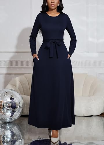 Image of BubFee Long Dress for Women Casual Long Sleeve Dresses Maxi Dress Empire Waist Loose with Belt