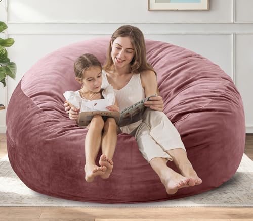 Image of 5 ft Bean Bag Chair, Bean Bag Chairs for Adults,5 Foot,Pink | Memory Foam Filling,Beanbag Sofa for Living Room,Ultra Soft Velvet Cover,Convenient Pocket & Pull-Handle