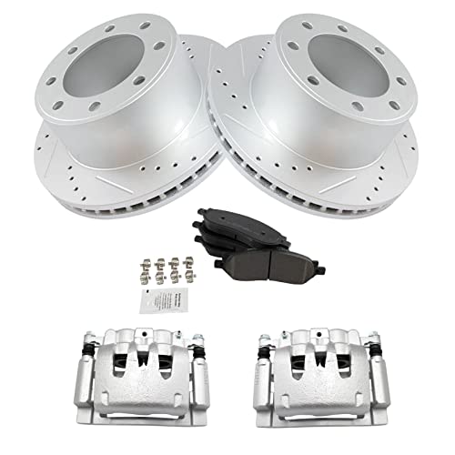 Image of TRQ Rear Performance Brake Pad, Caliper, & Rotor Kit Semi-Metallic Vented Premium G-Coated Compatible with 2006-2007 Ford F-250 Super Duty F-350 Super Duty