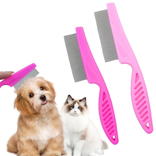 Multifunctional Pet Hair Comb Tear Stain Removal, Dog/Cat Lice Comb, Flea Brush for Cats, Suitable for Small Dogs Puppies, 2 in 1 Dog/Cat Comb Teeth Stainless Steel Combing Massage (2 Pcs, Pink)