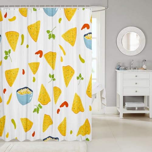 Mexican Style Shower Curtain Latin Food Tacos Corns Rice Bathroom Shower Curtain Sets, Cinco De Mayo Party Decorations Fabric Shower Curtain Veggies Yellow Cook Graphic Bath Curtain 72"Wx84"L