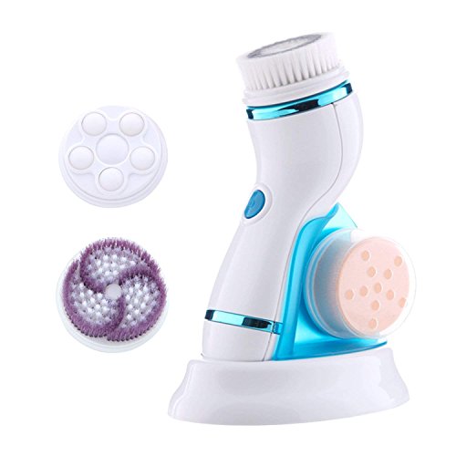 Facial Brush, Waterproof Facial Cleansing Brush, Face Scrubber with 4 Heads for Deep Cleansing/Gentle Exfoliating/Removing Blacked, Electric Spin Brush System