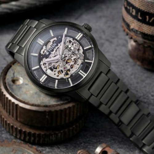 Image of Titan See-Through Skeletal Automatic Analog with Black Dial Black Stainless Steel Strap Watch for Men - 90220NM01