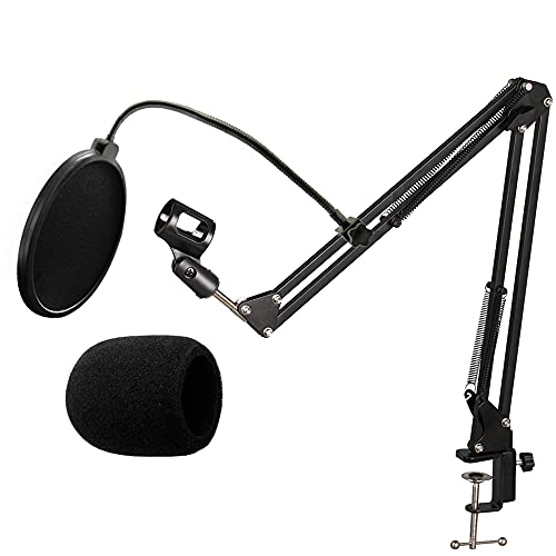 Lulu Home Mic Stand for Blue Yeti, Microphone Arm with Windscreen and Pop Filter Suspension Scissor Arm Stands for Studio Recording and Broadcasting, Blue Yeti Mic Stand