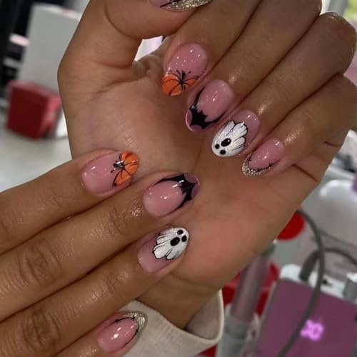Halloween Press On Nails Short Oval Fake Nails Holiday Nail Press Ons With Ghost Bat Pumpkin French Design Gold Glitter False Nails Glossy Full Cover Acrylic Glue On Nails For Women