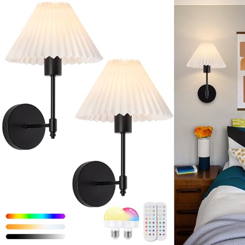 Image of EIDISUNY Battery Operated Wall Sconces Set of 2, Wireless Wall Sconce with Remote Dimmable RGB, Rechargeable Wall Lights for Bedroom Living Room Kitchen Hallway Wall Decor (Black)