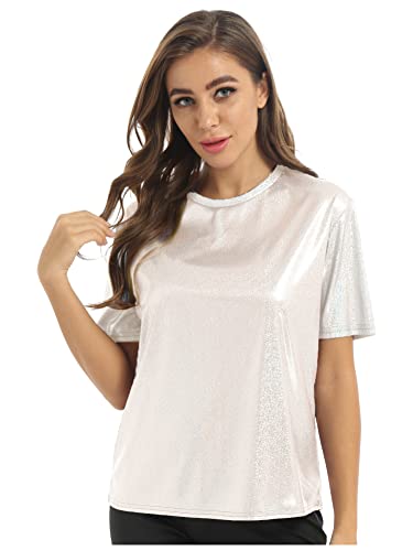 CHICTRY Women's Shiny Metallic Holographic Short Sleeve T