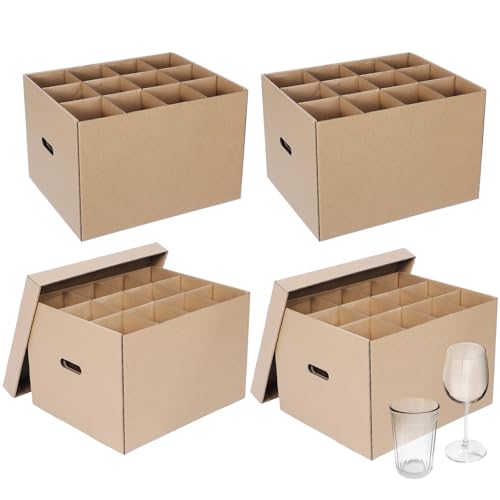 Feifeiya 4 Pack Wine Glass Moving Boxes Kitchen Moving Boxes with Handle Kitchen Kit with Lid for Dish Glassware(Brown,15 x 12 x 10 Inches)