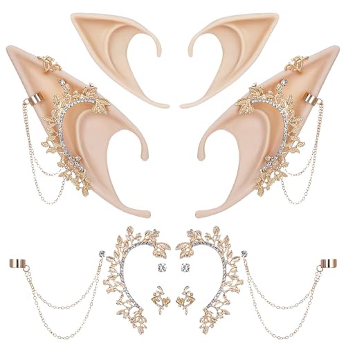 FRESHME Elf Ears with Piercings - Handmade Fairy Ears with Gold Butterfly Earrings Cuffs