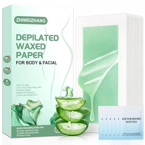 72PCS At Home Wax Strips for Hair Removal, 48 Body + 24 Face Wax Strips with 8 Calming Oil Wipes, Hypoallergenic for All Skin Types, Waxing Kit for Women & Men - Legs, Arms, Bikini, Brazilian, Back