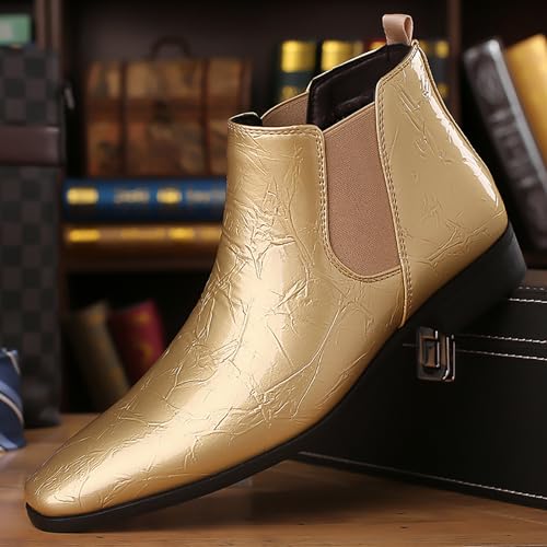 Image of Men's Patent Leather Low Chunky Heel Chelsea Boots Fashion High Gloss Slip-on Business Dress Oxford Boots for Wedding Prom Party Business Work