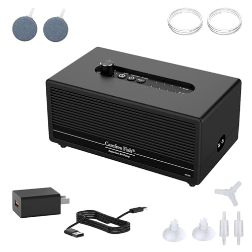 Carefree Fish 6W AC/DC USB Aquarium Lithium Battery Air Pump Dual Air Outlets Power Outage Automatic Startup Function Work for 15~96 Hours with 2 Air Stones and 6Ft Silicone Tubing