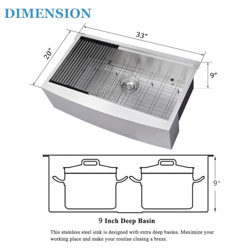 Image of 33 Inch Farmhouse Sink, 33x20x9 Stainless Steel Undermount Apron Front Farm Kitchen Sink Single Bowl 16 Gauge Workstation and with Accessories