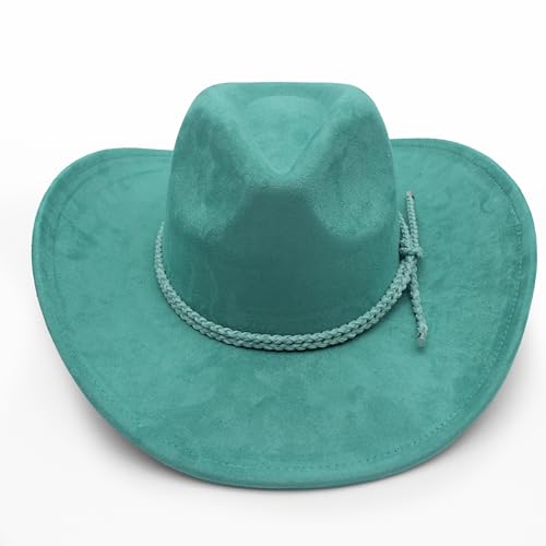 Image of Western Cowboy Hat for Women Men Wide Brim Cowboy Hat for Women with Woven Buckle Belt Suede Classic Fedora Hats