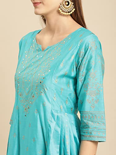 Image of rangita Turquoise Viscose Calf Length Printed Anarkali Kurti for Women | Kurta for Women