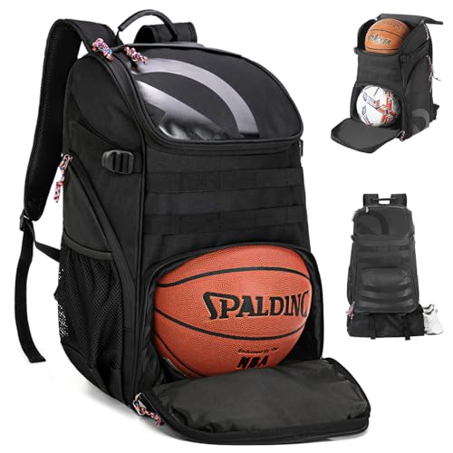 TRAILKICKER Basketball Bag Backpack with Ball Holder Multi-Sport Backpack for Soccer Volleyball Football Baseball Helmet (TK2-Black, Large)