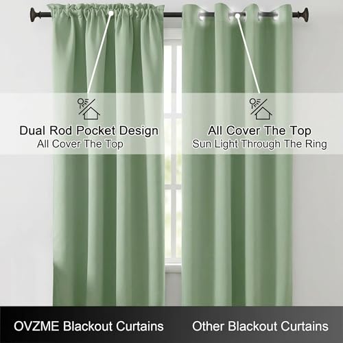 Image of Light Green Blackout Curtains for Bedroom 63 Inch Length 2 Panels, Protect Privacy Thermal Insulated Solid Curtains for Living Room, Rod Pocket Window Treatment Blackout Drapes, 2x40Wx63L Inches