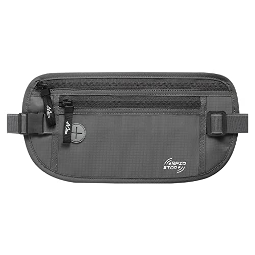 Image of MoKo Travel Money Belt, Hidden RFID Blocking Passport Wallet, Dark Gray | Slim money belt has a hidden pocket, moisture-wicking backing, RFID-blocking material, and an adjustable elastic strap.