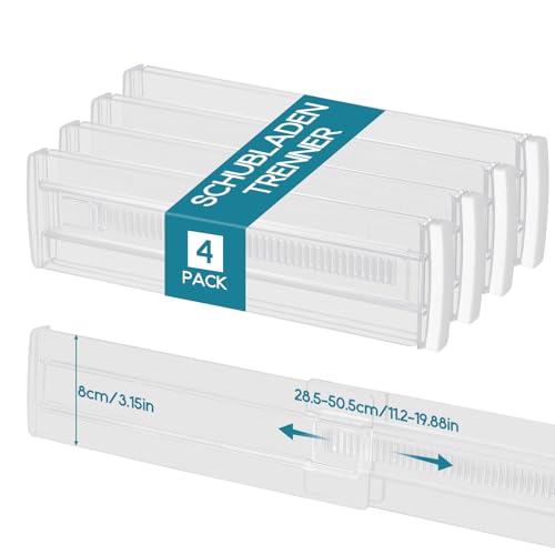 4 Stück Schubladentrenner Verstellbar, Transparente Schubladenteiler, Länge 28,5-50,5cm, Schubladen Trennsystem für Büro Schlafzimmer Kommode Schreibtisch Küche