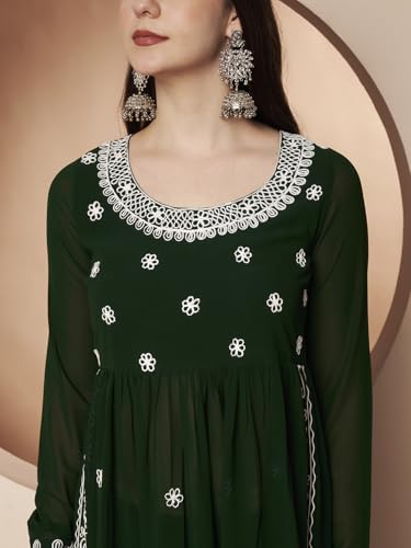 Image of PH POSHAKHUB Women A-Line Nyra Cut Kurta with Sharara in Georgette with Aari Work