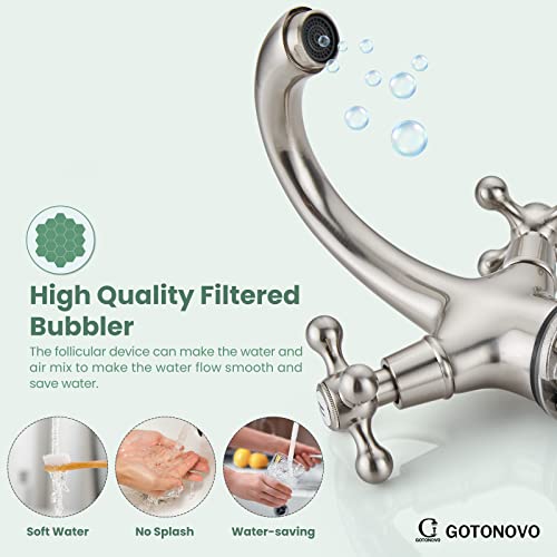 Gotonovo Brushed Nickel Bathroom Sink Faucet Pop Up Drain With Overflow Double Cross Handle Single Hole Deck Mount Cold Hot Mixer Vintage Vanity Tap With Cover Deck Plate thumb #8