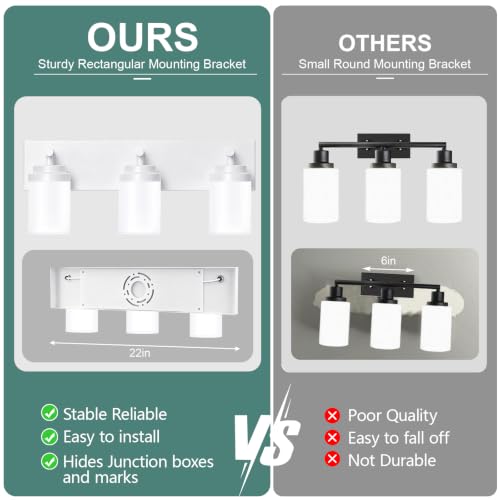 Image of IZORRO Bathroom Light Fixture White, White Glass Shade 22-Inch 3-Light
