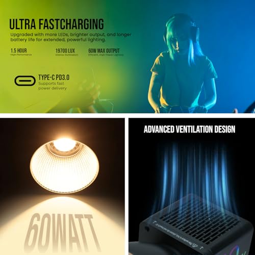 Image of HIFFIN 60W Portable RGB Video Light for Photography & Videography with 2500K-6500K Adjustable CCT, 6700mAh Rechargeable Battery, CRI 95+, 24 Light Effects, Light for Studio, YouTube & Content Creation