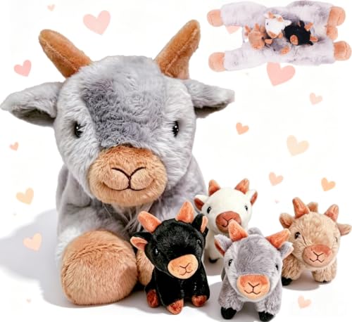 Youthfuljive 5 Pcs Goat Stuffed Animal with Babies 14 Mommy Stuffed Goat Plush Toy with 4 Baby Goat Stuffed Animal Soft Pregnant Goat Plushies Pillow Toys for Kids Christmas Birthday Gifts Decor