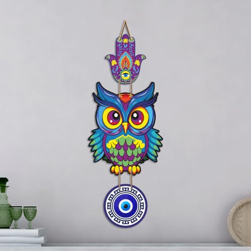 Image of Artvibes Multicolor Owl Evil Eye Wall Decor for Home Entrance | Nazar Battu MDF Decorative Hanging | Positive Energy Vastu Art for Living Room | Balcony | Office & Main Door | Gift Item (WH 8527N)