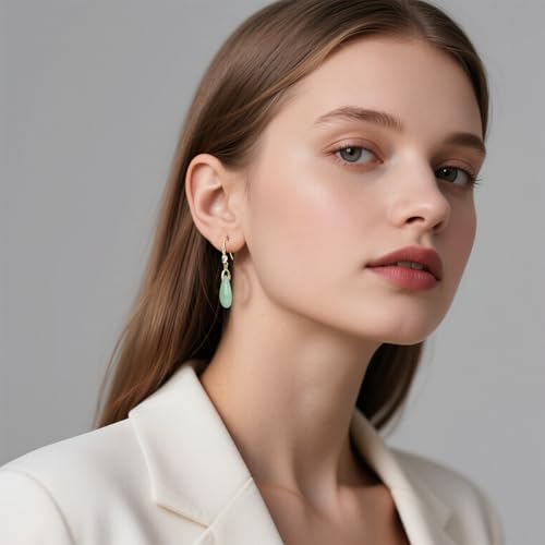 Teardrop Jade Earrings for Women 14K Gold Plated Handmade Green Teardrop Dangle Hook Earrings Vintage Drop Jade Jewelry for Gift2